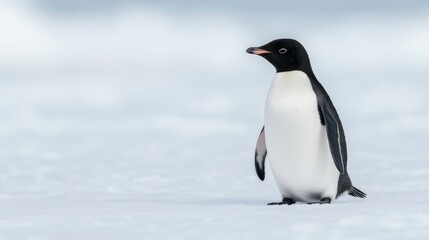 Naklejka premium A lone Adelie penguin stands on the snow-covered ice in Antarctica.