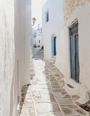 A peaceful alley on the island of Hydra features traditional whitewashed houses and a cobblestone path. The scene captures the essence of summer in this picturesque locale.