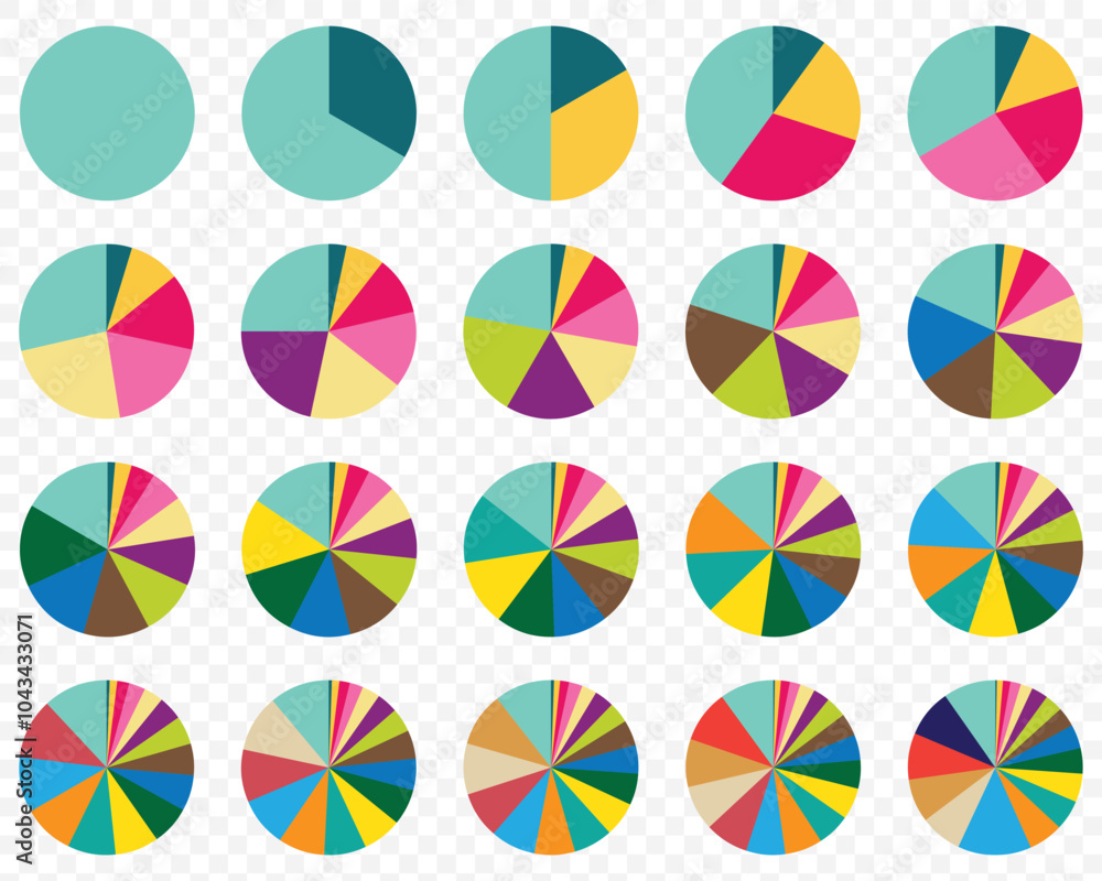 Poster pie chart color icons. segment slice sign. circle section graph. 1,2,3,4,5 segment infographic. whee