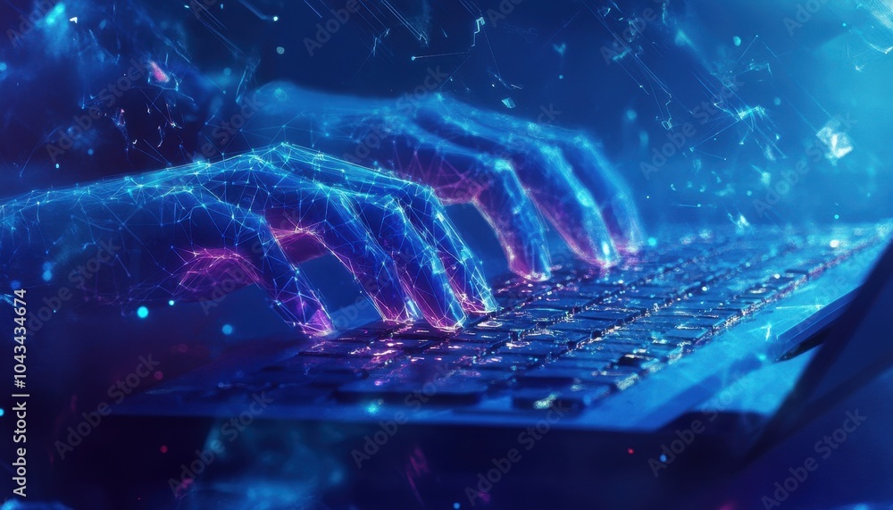Poster A Pair of Hands Typing on a Laptop with a Digital Network Effect