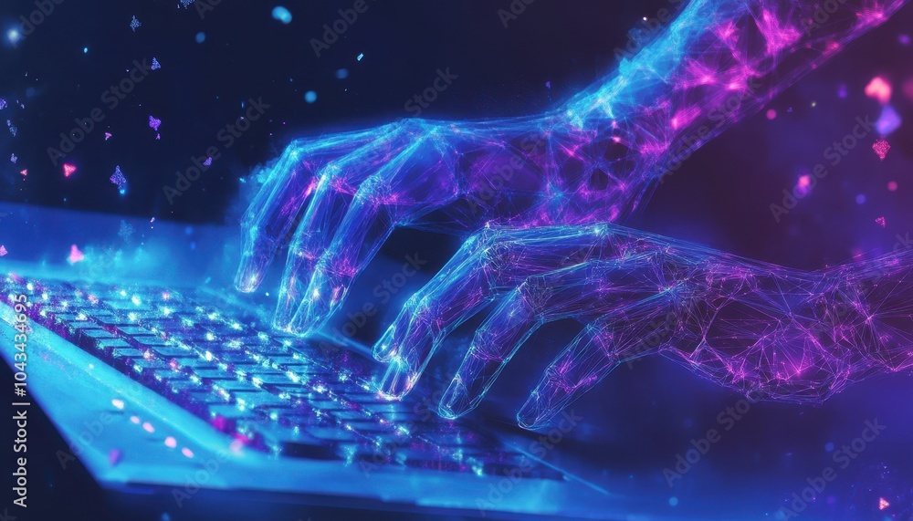 Poster Abstract Wireframe Hands Typing on a Laptop Keyboard