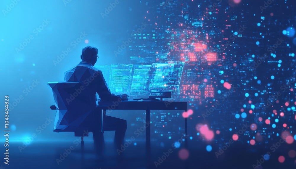 Poster A Silhouetted Figure Working on a Computer with a Digital Background