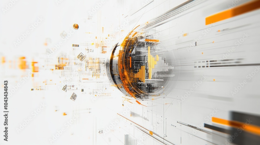 Poster conceptual image depicting a quantum computer with financial symbols such as graphs and currency ico