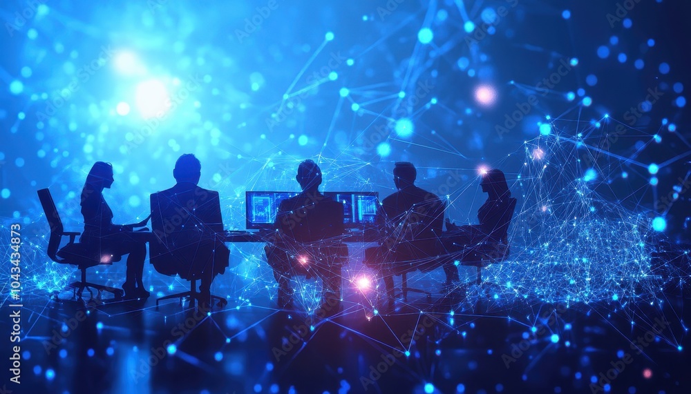 Poster Silhouetted Individuals Working at Computers in a Networked Environment