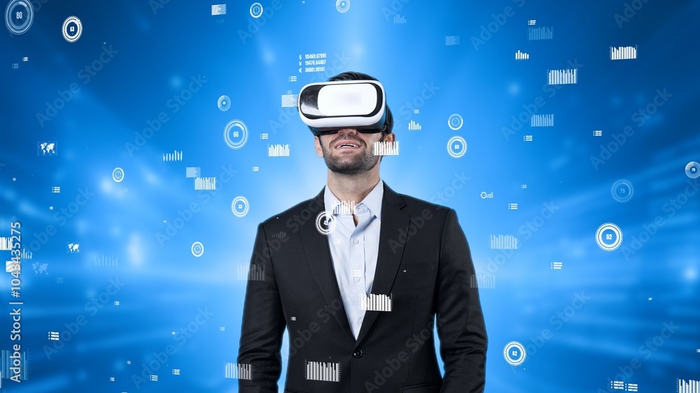 Poster project manager wearing vr headset while analyzing at financial statistic. business man wearing virt