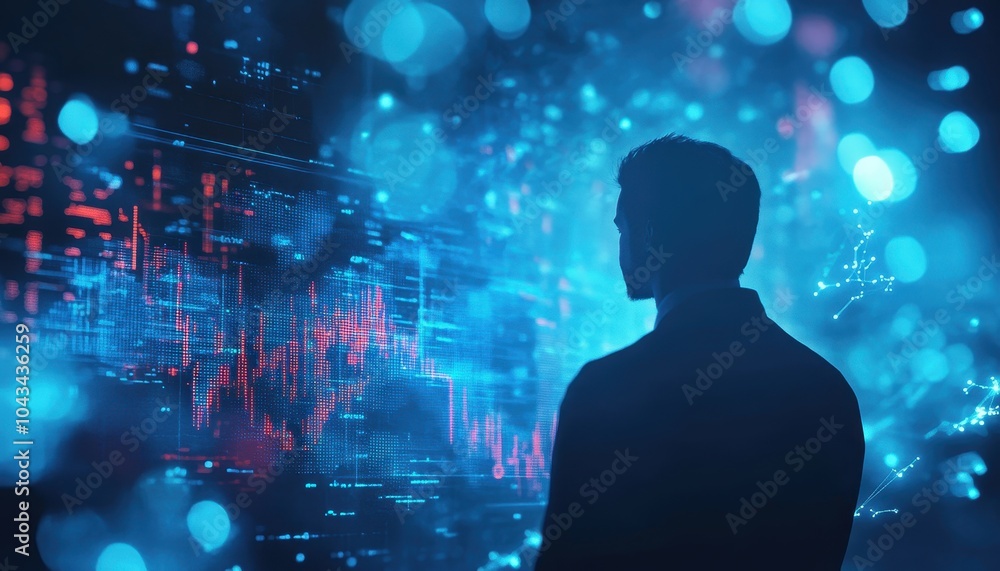 Poster silhouetted man observing data on a digital screen