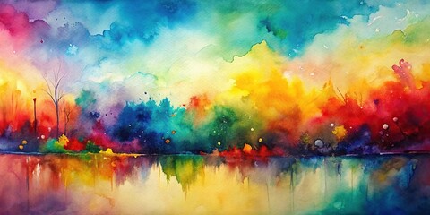 Fototapeta premium Abstract watercolor and acrylic painting of a landscape with vibrant colors, Long Shot