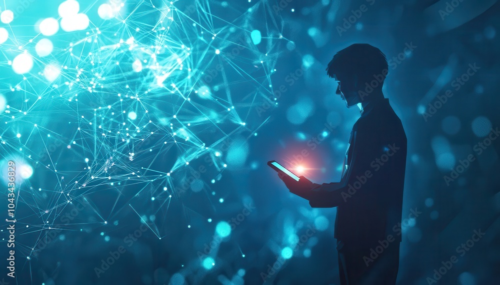 Poster Silhouette of a Person Using a Tablet in Front of a Network of Connections