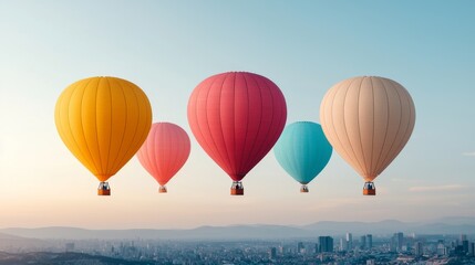 Fototapeta premium Colorful Hot Air Balloons Flying Over Cityscape at Sunset