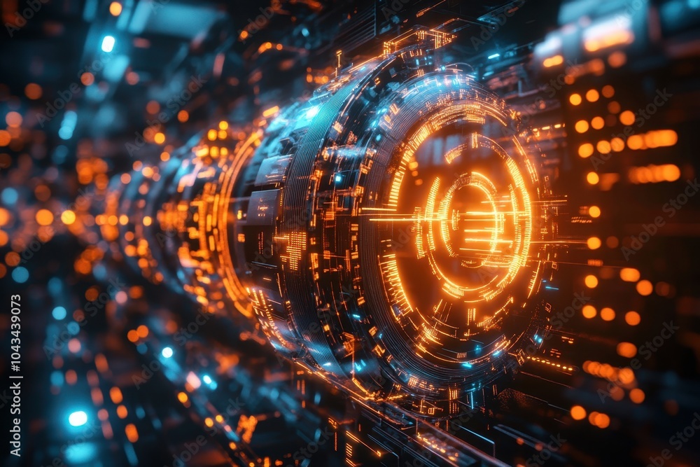 Poster vivid digital tunnel with glowing patterns and futuristic details amidst a technological backdrop