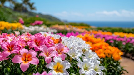 Obraz premium Colorful Lilies Blooming in a Garden with Ocean View