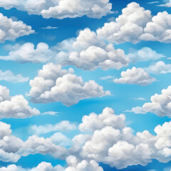 Fototapeta premium Watercolor seamless pattern of white fluffy clouds floating in the sky on a sunny day.
