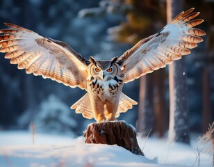 Obraz premium Eagle owl landing on snowy tree stump in forest. Flying Eagle owl with open wings in habitat with trees. 