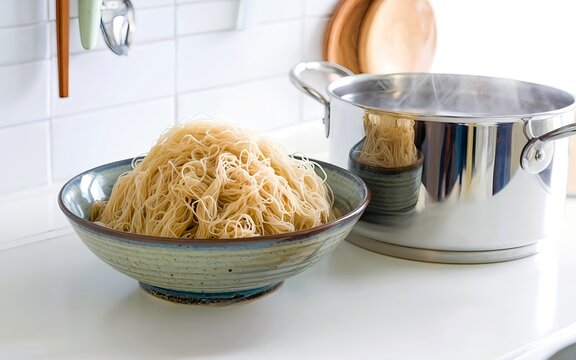 Bowl of cooked rice noodles beside steaming pot. Prepare pho soup