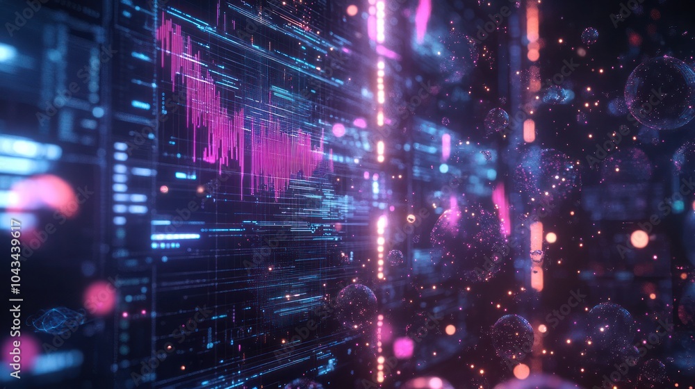 Poster futuristic digital interface displaying intricate quantum algorithms and financial graphs,