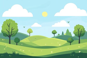 Naklejka premium Cartoon Style Flat Nature Background with Rolling Hills, Bright Blue Sky, and Simple Rounded Trees