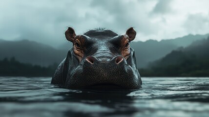 Fototapeta premium A hippo emerging from the water, surrounded by a misty landscape.