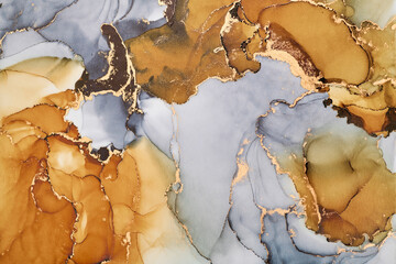 Snaking rivers of metallic gold weave through  vibrant interplay of soft and bold tones. Movement and balance in nature, crafted in the fluid ink technique to create seamless transitions  rich texture