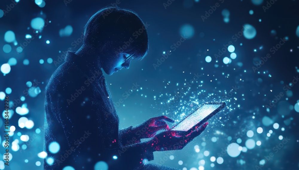 Poster A Silhouette of a Person Using a Tablet with Glittering Particles