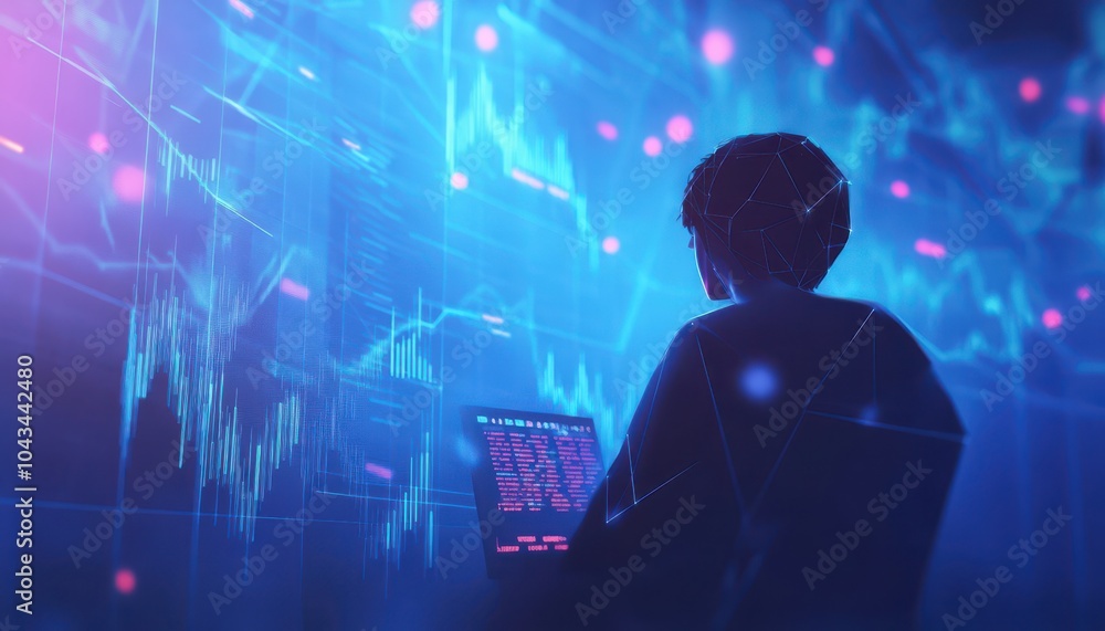 Poster silhouette of a person working in front of a blue and pink digital data screen