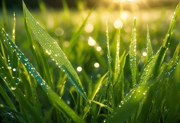 Naklejka premium luminous close dew kissed grass blades illuminated morning capturing natural beauty serenity, droplets, sunlight, nature, macro, softness, freshness