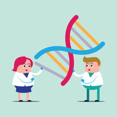 emotion cute vector, illustration flat cartoom character man and woman scientists doctor engineering DNA in laboratory. genes reasearch concept.
