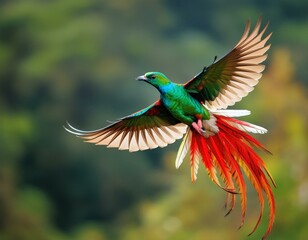 Fototapeta premium Macaw parrot flying in dark green vegetation with beautiful back light and rain. Scarlet