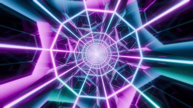 VJ loop background with abstract tunnel made of bright blue pink neon lines and mirror reflections. Retro futuristic glowing grid corridor for night club or music festival performance. Looped 4K 60fps
