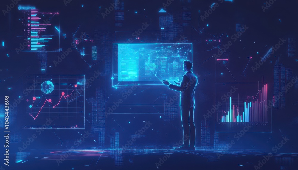Poster businessman interacting with holographic data visualization