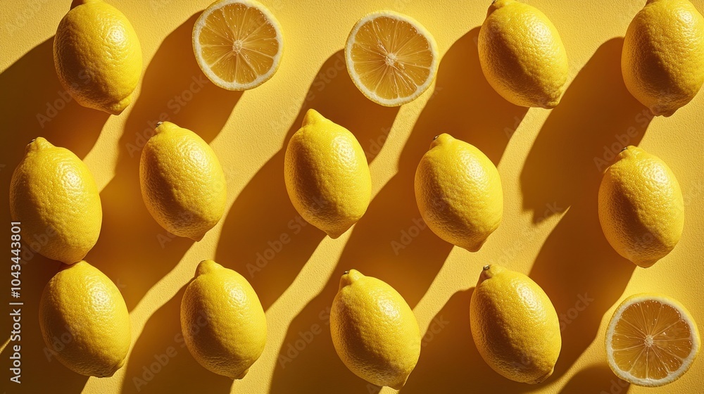 Poster a flat lay of lemons arranged in a pattern on a yellow background.