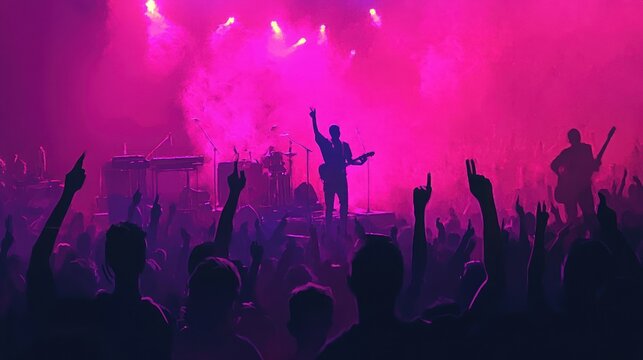 A rock band performs on stage in front of a large crowd of excited fans at a concert. The stage is bathed in a pink light.