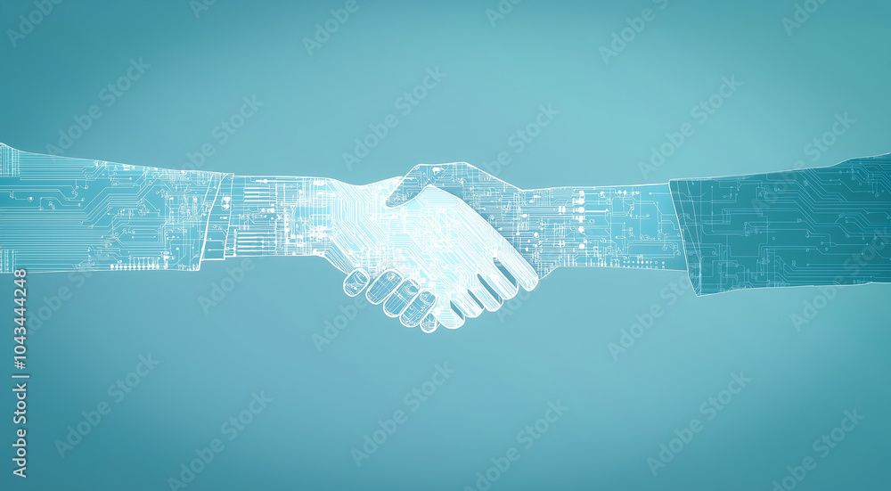 Poster digital handshake between a businessman and a virtual entity, symbolizing the convergence of technol