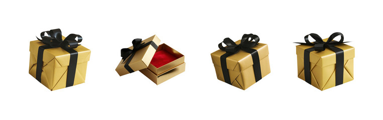 Naklejka premium Golden gift box with black ribbon. Collection of classic luxury gift boxes with elegant ribbons. Set of gift preset boxes with ribbon of various styles. Perfect for any celebration occasion project.