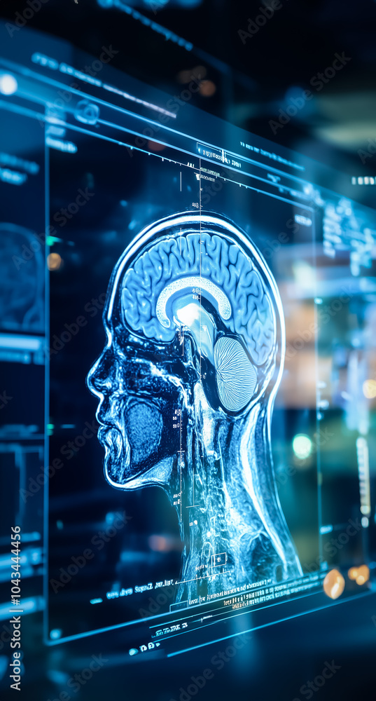 Poster a high-resolution image depicting an x-ray-like brain scan on a futuristic digital screen, emphasizi