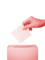 Obraz premium A hand is captured mid-motion as it places a ballot into a ballot box, set against a pastel pink background, creating a soft, minimalistic representation of elections and democracy.