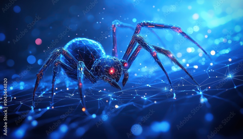 Poster a digital spider with glowing eyes crawls across a network web