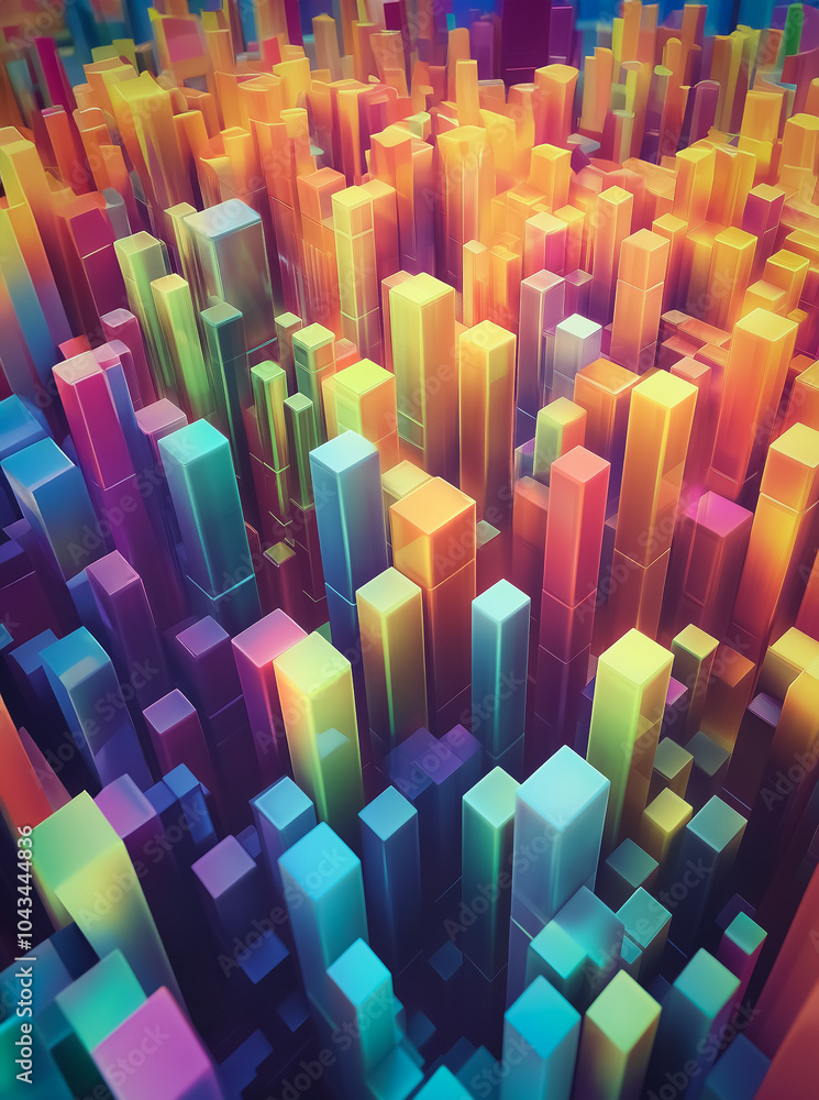 Poster a 3d abstract visual of tall, colorful bars arranged isometrically, representing data metrics or sta