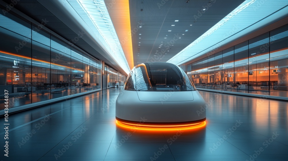 Poster a sleek transport pod sits prominently in a modern terminal, illuminated by vibrant orange light. th