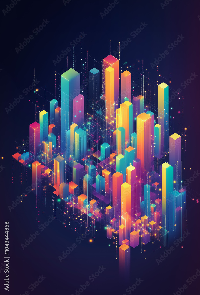 Poster a colorful isometric bar chart with geometric shapes symbolizing a city's growth or data metrics in 