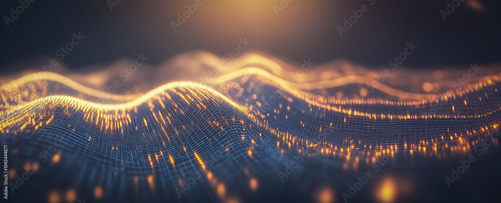 Poster dynamic wave of illuminated data streams flowing in blue and orange tones, representing the transfer