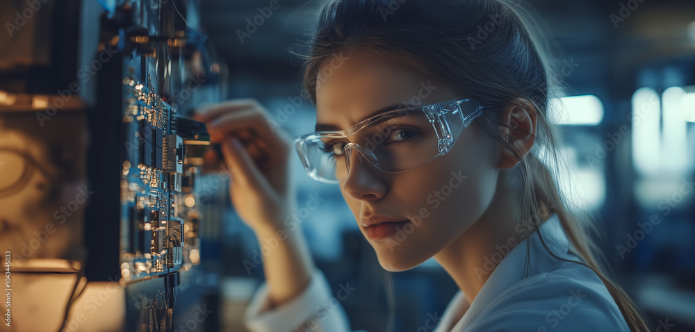 Poster a determined female technician working on an intricate circuit board with precision, showcasing adva