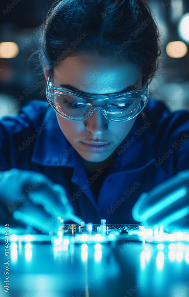 Poster Technician closely inspecting an intricate circuit, handling components with extreme focus in a brightly lit workspace.