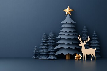 Naklejka premium Holiday winter landscape with deer in night snowy forest. Christmas greeting card. Paper cut, papercraft, quilling. Sale product banner with copy space