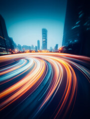Fototapeta premium A modern cityscape at night, captured with long-exposure light trails that illuminate the speed and energy of the bustling streets below.