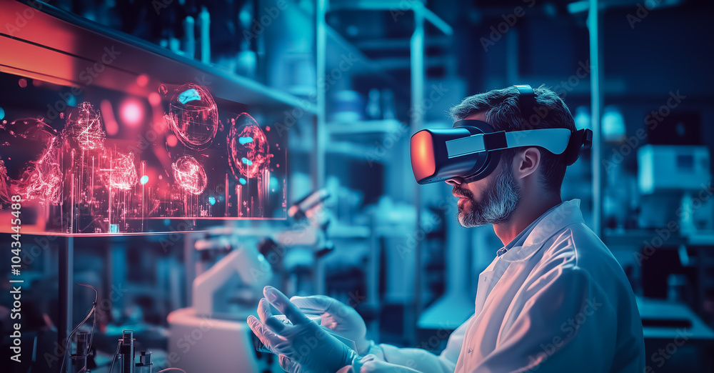 Poster a scientist uses virtual reality technology in a high-tech laboratory, surrounded by holographic dat
