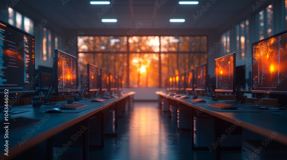 Poster A computer room with many monitors and a window