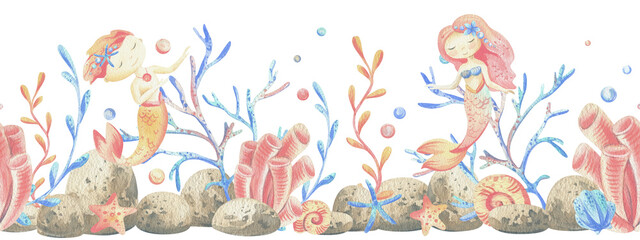 Mermaids is a little girls and boys with fish, seashell, corals, algae, starfish. Watercolor illustration hand drawn pastel colors coral and blue. Seamless board isolated from background