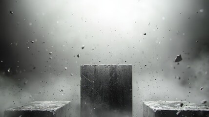 Obraz premium A striking scene featuring abstract blocks amidst swirling mist and debris, illuminated by a bright light above, creating an ethereal atmosphere.