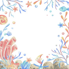 Sea corals, algae, shells, starfish, fish, bubbles. Watercolor illustration hand drawn in coral, turquoise and blue colors. Square frame template isolated from the background