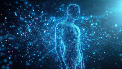 A Digital Human Constructed from Connected Blue Particles in a Network of Glowing Lines